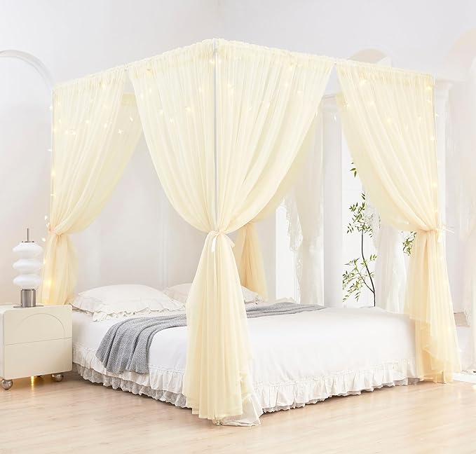 Akiky Ivory Canopy Bed Curtains with Lights 8 Panel Canopy Curtains Drapes for Full Queen Size Bed Large Rod Pocket Sheer Canopy Bed Drapes