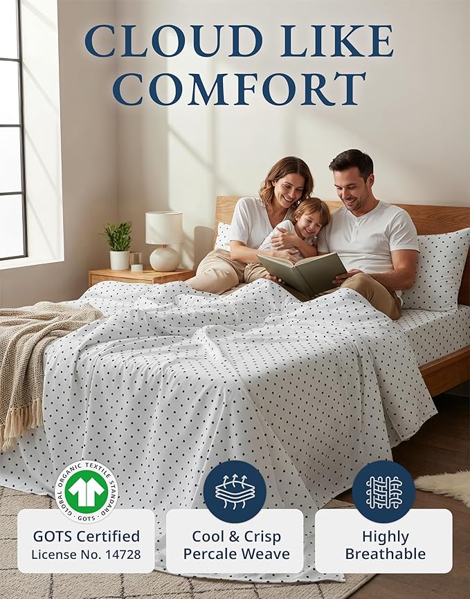 LANE LINEN 100% Organic Cotton Twin Sheets Set - 3 PC Bedding Sheets & Pillowcases - Breathable & Cooling Bed Sheets - Deep Pocket up to 15", Sheets for Twin Size Bed: Polka Dot (Black)