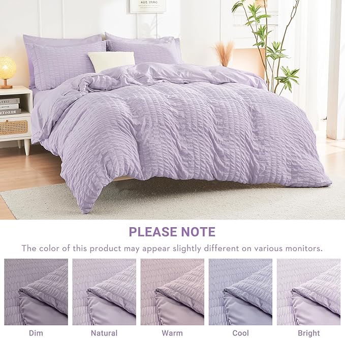 HYMOKEGE Lavender Queen Comforter Set Seersucker 7 Pieces, All Season Luxury Bed in a Bag for Bedroom, Bedding Set with Comforters, Sheets, Pillowcases & Shams