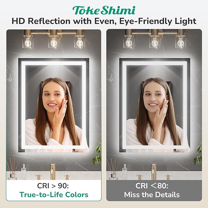 TokeShimi 24x36 LED Bathroom Mirror with Lights,Backlit + Front lit,3-Color LED Bathroom Vanity Mirror,Anti-Fog Mirrors with Tempered Glass,Shatterproof,Memory Function,UL Listed,Waterproof