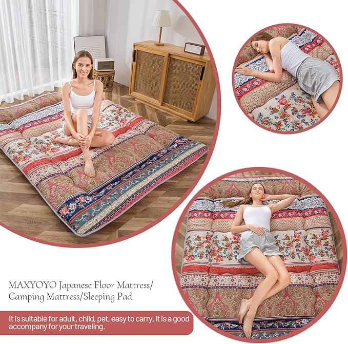 MAXYOYO Bohemian Retro Floor Mattress Vintage Floral Japanese Futon Mattress Roll Up Thicken Sleeping Bed Portable Camping Mattress Floor Lounger Couch Bed Mattress Pad, Twin Size