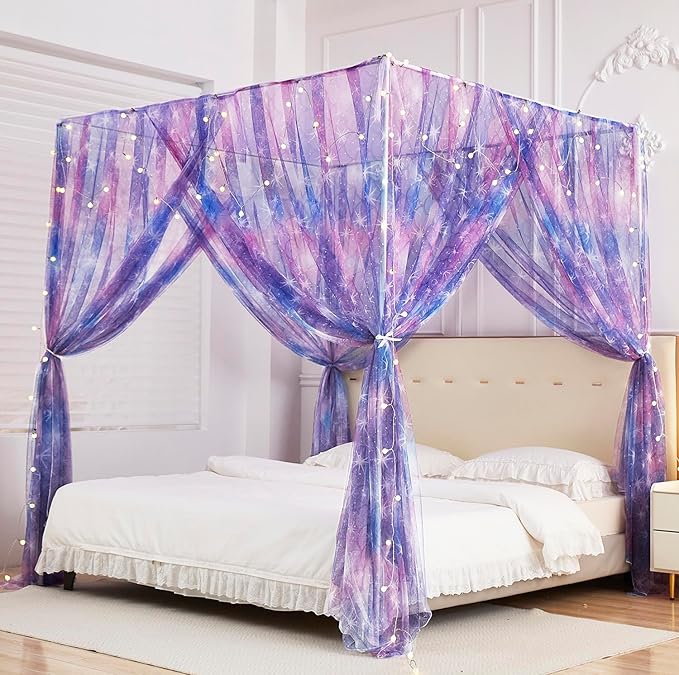 Mengersi Tie Dye Canopy Bed Curtains with Lights,Gradient Ombre Bed Canopy for Girls,Canopy for Bed Princess Bed Drapes for Girls Room Decor(Twin,Purple)
