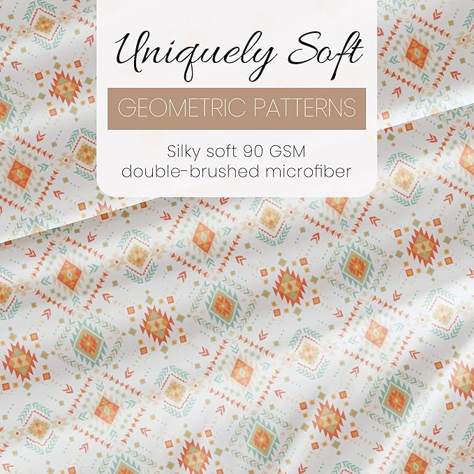 Linen Market Double-Brushed Patterned Microfiber Queen Sheet Set 4 Piece – Oeko-TEX Certified Ultra Soft & Wrinkle-Free - 16" Deep Pocket Sheets - Easy Care Queen Size - Aztec Dreams Coral