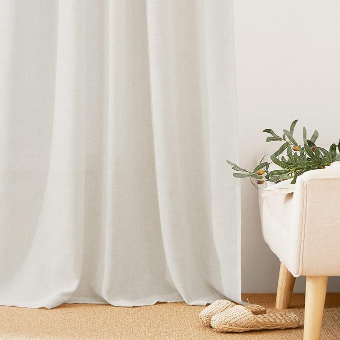 RYB HOME Farmhouse Sheer Curtains 108 inch Length, Semi Sheer Curtain & Drapes Large Window Dressing Lights & Winds Filter for Bedroom Home Office Living Room, Linen, W 70 x L 108 inch Long, 1 Pair