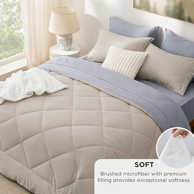 Bedsure Queen Comforter Set - 7 Pieces Reversible Beige Bedding, Queen Size Bed Set for All Seasons, Bed in a Bag with Down Alternative Comforter, Sheets, Pillowcases & Shams