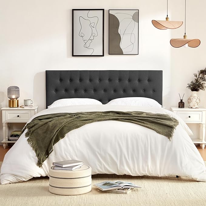 Tufted Upholstered Headboard California King Size, Solid Wood Head Board with Durable Metal Legs, Adjustable Height Bed headboard from 37” to 51” Fabric Headboard in Button Design, Black