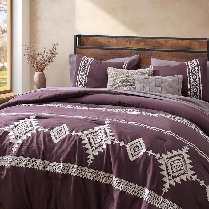 MaiRêve Embroidery Queen Size Comforter Set Purple, Boho Farmhouse Western Bedding Set 7 Pieces, All Season Bed in A Bag Comforter Set with Sheets, Pillowcases & Shams