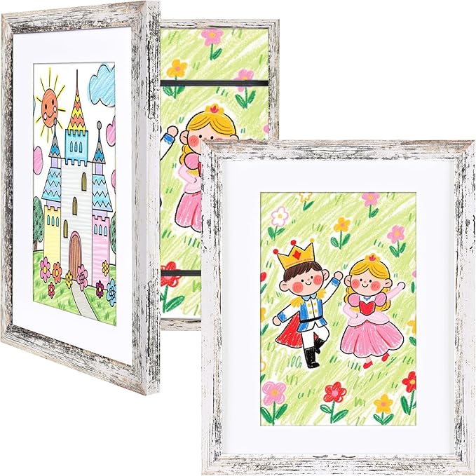 KINLINK 8.5x11 Kids Art Frames Set of 2, Solid Wood Kids Artwork Frames Changeable with Acrylic Front Opening Holds 150 Pictures, Art Frame for Kids Artwork with Mat or without Mat, Rustic White