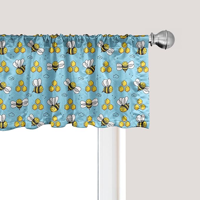 Ambesonne Cartoon Window Valance, Summer Style Funny Demonstration of Happy Flying Characters and Hexagon Comb, Curtain Valance for Kitchen Bedroom Decor with Rod Pocket, 42" x 12", Sky Blue Mustard