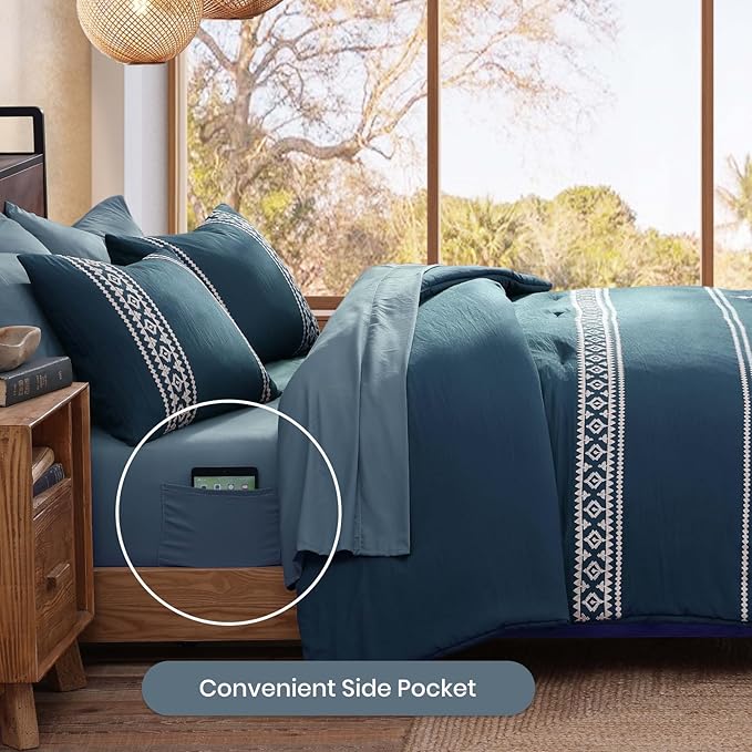 MaiRêve Embroidery Queen Size Comforter Set Navy Blue, Boho Farmhouse Western Bedding Set 7 Pieces, All Season Bed in A Bag Comforter Set with Sheets, Pillowcases & Shams