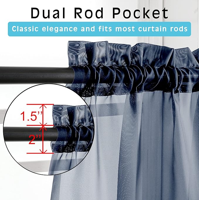 OWENIE Short Sheer Curtains 24 Inches Long 2 Panels for Bathroom Window, Rod Pocket Light Filtering Sheer Tier Curtains for Small Kitchen Laundry Room, RV, Camper Travel Trailers, 42W x 24L, Navy