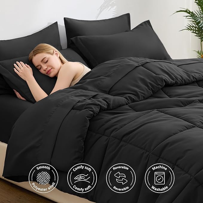 Love's cabin Twin Comforter Set Ash Black, 5 Pieces Twin Bed in a Bag, All Season Bedding Sets with 1 Comforter, 1 Flat Sheet, 1 Fitted Sheet, 1 Pillowcase and 1 Pillow Sham
