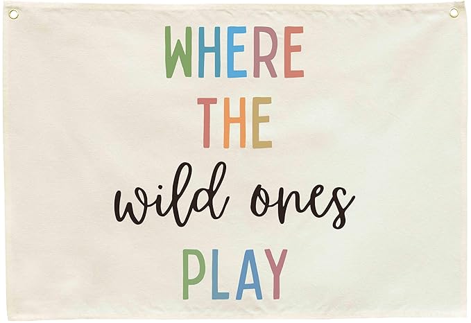 Playroom Rectangular Canvas Banner-Flag Wall Sign Decor for Kids Teen,Playroom Nursery Baby Room Bedroom Living Room Wall Decor-Where the Wild Ones Play-Baby Shower Birthday Christmas Gift