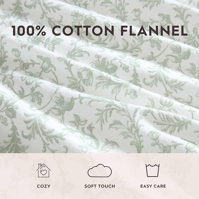 Laura Ashley - Flannel Sheets King Size, Anti-Pilling & Wrinkle Resistant Cotton, Touchably Soft for All-Season Comfort - Bed Sheets with Matching Pillowcases & Fitted Sheet (Brinna Green)