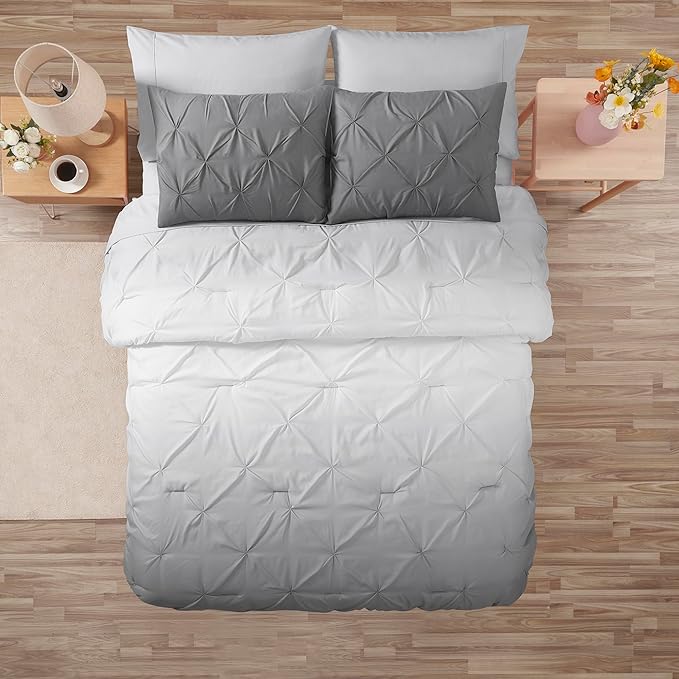 5 Piece Comforter Set Bed in a Bag Ombre Pintuck Design All Season Soft Down Alternative Bedding Comforter Set & Luxurious Matching Bed Sheets & Pillow Sham, Ombre Pintuck Gray, Twin