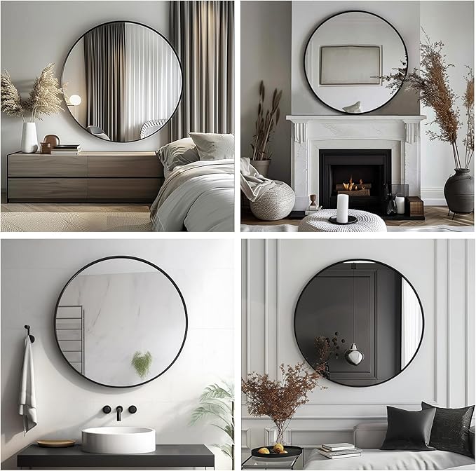 18 inch Round Mirror, Round Wall Mirror, Metal Frame Black Circle Mirror, Black Round Mirrors for Wall, Bathroom, Bedroom, Vanity, Hallway.
