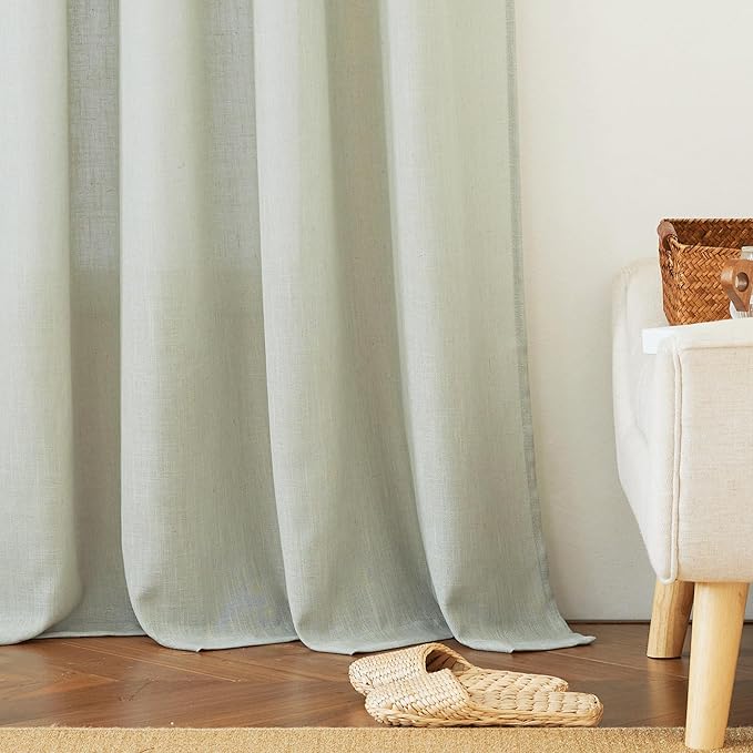RYB HOME Linen Blend Curtains, Semi Translucent Privacy Protection Light Filtering Decorative Window Drapes for Living Room Bedroom Laundry Room, W 70 x L 95 inches, Sage Green, 2 Panels