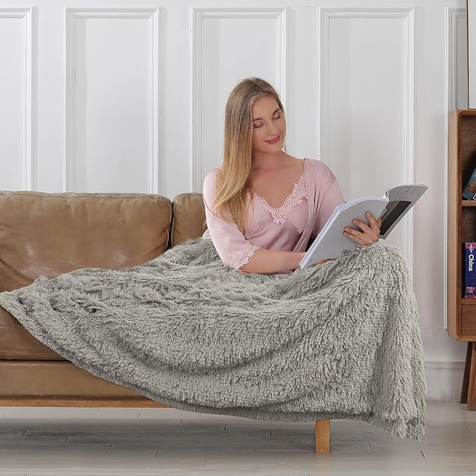 Tuddrom Decorative Extra Soft Fuzzy Faux Fur Throw Blanket 50" x 60",Solid Reversible Long Hair Shaggy Blanket,Fluffy Cozy Plush Comfy Microfiber Fleece Blankets for Couch Sofa Bedroom,Quiet Grey