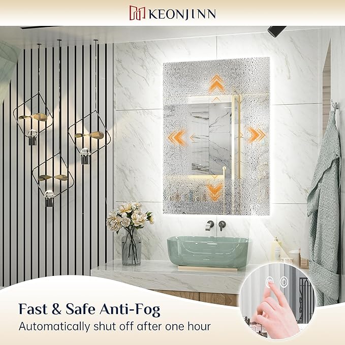 Keonjinn 48 x 36 Inch Backlit Mirror for Bathroom, Anti-Fog Led Mirror, CRI90+ HD Tempered Glass, Stepless Dimmable Lighted Mirror, High Lumen, UL Listed, Waterproof, Horizontal/Vertical