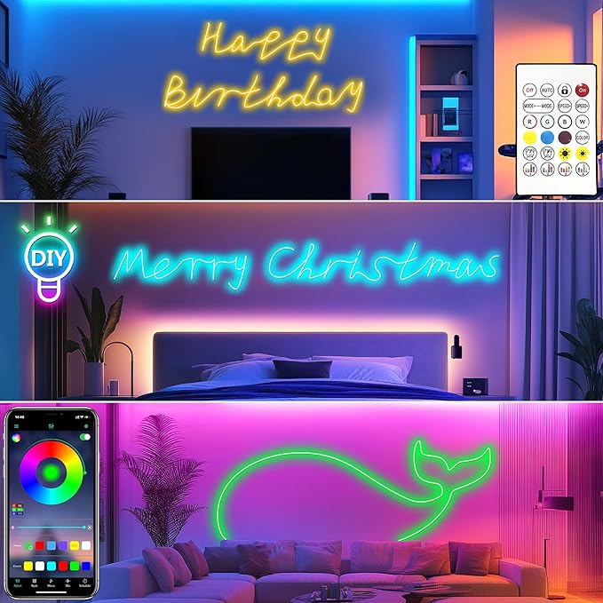 Cozylady 100Ft (50Ft * 2 Rolls) RGB LED Neon Rope Lights for Bedroom, 30m LED Strip Lamp with Double Sided Adhesive Tape, App/Remote Control DIY Lights Decorate The Outdoor and Indoor of Your Home