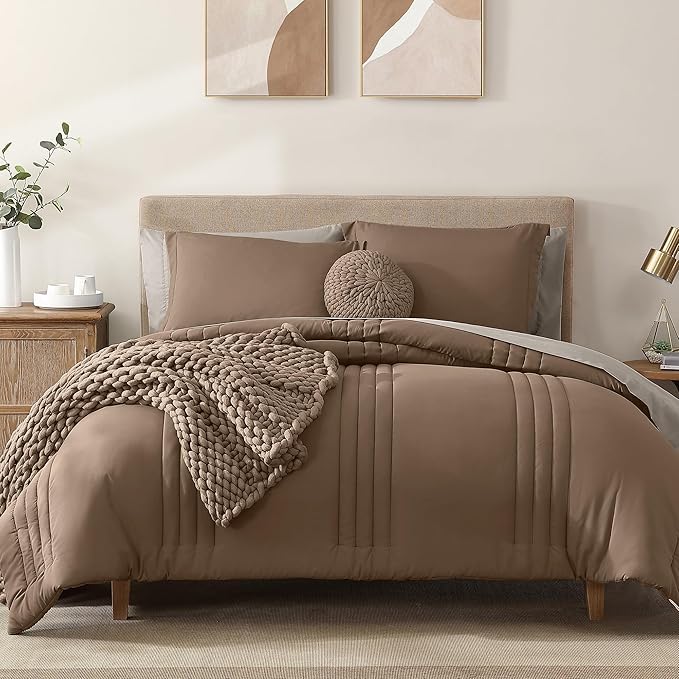 Monbix Oversized Queen Comforter Set - 7 Pieces Brown Bed in a Bag Queen Bedding Sets with Comforters, All Seasons Down Alternative Comforter Bed Set with Sheets,Pillowcases & Shams