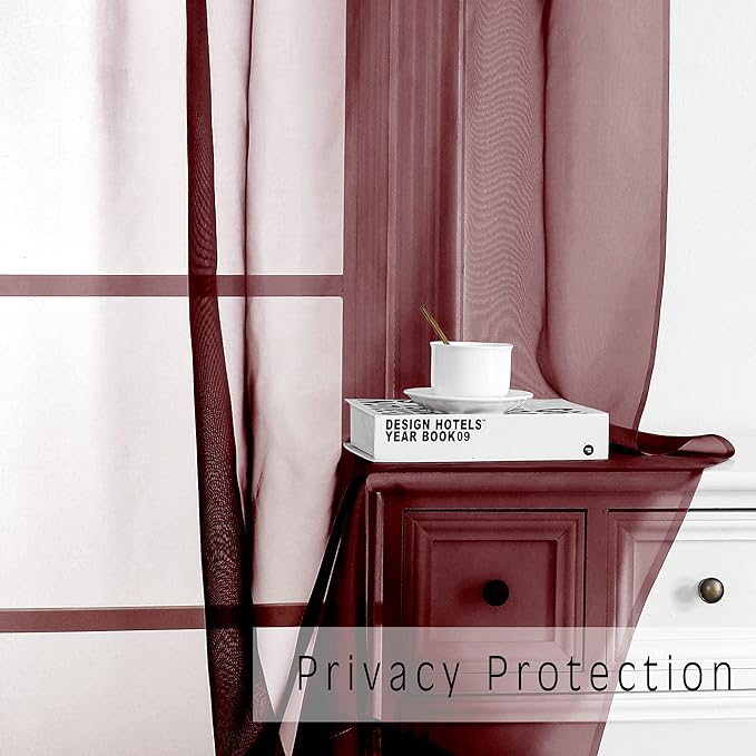 OWENIE Burgundy Red Sheer Curtains 72 Inches Long 2 Panels Set, Transparent Voile Sheer Curtain Rod Pocket Gauze Drapes for Living Room Bedroom Window Sliding Glass Door Treatment, Each 42 x 72 Inch