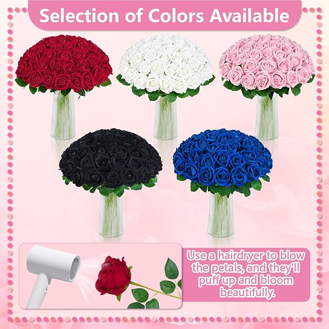 BLEUM CADE 100 Pcs Pink Roses Artificial Flowers, Real Touch Velvet Roses Fake Flowers Bulk, Artificial Roses Bouquet with Long Stems Bridal DIY Wedding Party Centerpiece Decorations
