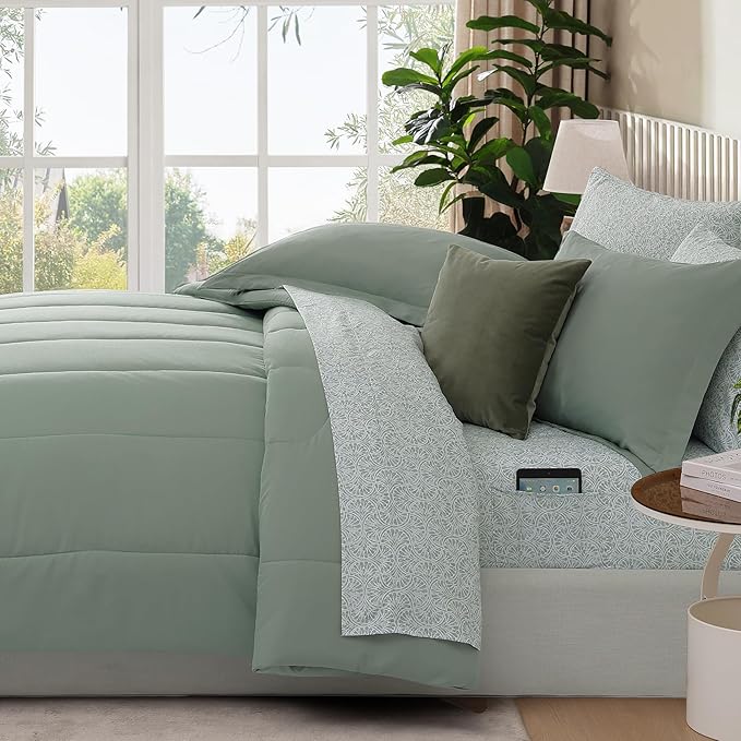 Monbix Full Comforter Set - 7 Pieces Sage Green Bed in a Bag Full Size Track Stitching Bedding Sets, All Seasons Down Alternative Comforter with Sheets,Pillowcases & Shams