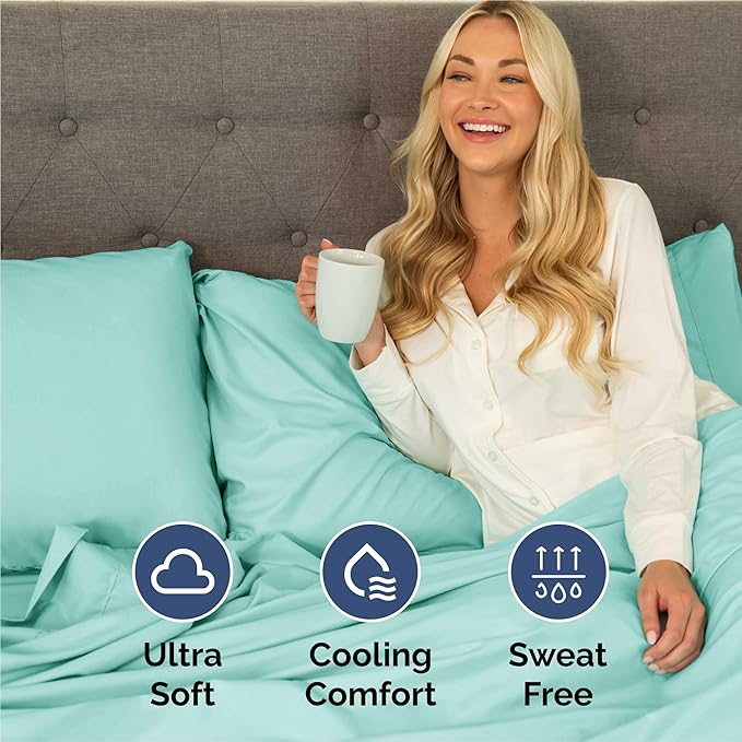 Full 6 Piece Sheet Set - Comfy Breathable & Cooling - Ultra Soft Hotel Luxury Bedding Set w/ 8-16 Inch Deep Pockets - 1 Flat & 1 Fitted Sheet & 4 Pillowcases - Wrinkle Free and Easy Care - Spa Blue