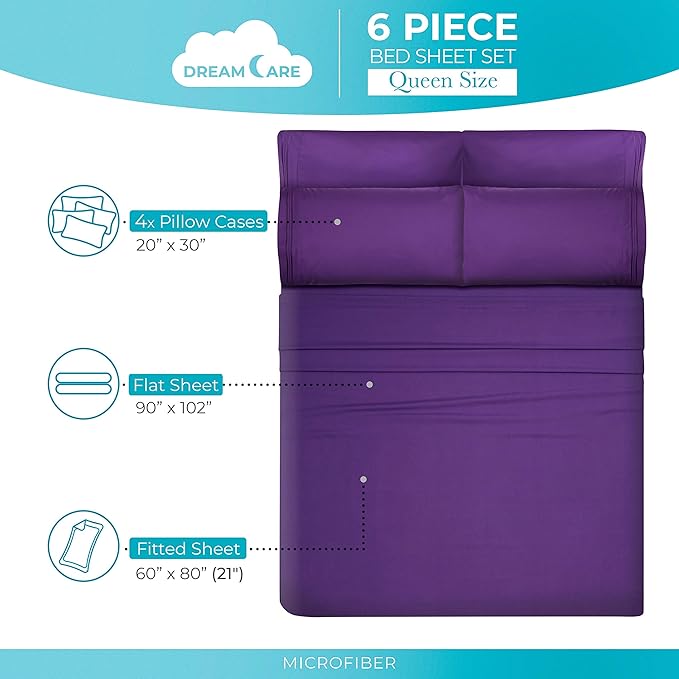 DREAMCARE Queen Sheet Set – 6 pcs Cooling Bed Sheets – up to 21” Deep Pocket Queen Sheets Set – 2500 Supreme Collection – Extra Soft 100% Brushed Microfiber Hotel Luxury with Side Pocket – Purple