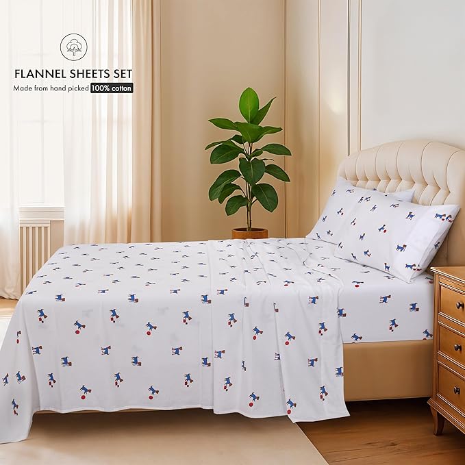 RUVANTI Flannel Sheets Twin Size - 100% Cotton Double Brushed Twin Sheets Set, Deep Pockets 16 Inches, All Seasons Breathable & Extra Soft Bed Sheets, Warm & Cozy, 3 Piece, Puppy Playoff