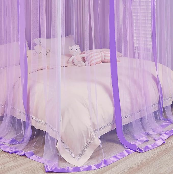Mengersi Canopy Bed Curtains Queen Size - Bed Canopy Curtains - 4 Opening Canopy for Bed- Cute Princess Bedroom Decoration Gift (Purple, Queen)