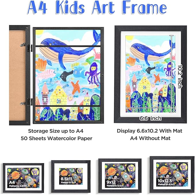 KINLINK A4 Kids Art Frames Set of 2, Solid Wood Kids Artwork Frames Changeable with Acrylic Front Opening Holds 150 Pictures 8.3x11.7, Art Frame for Kids Artwork with Mat or without Mat, Black Wood
