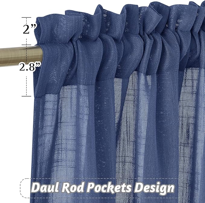 RYB HOME Curtains for Living Room - Linen Texture Sheer Farmhouse Country Curtains for Patio Sliding Glass Door French Door Bedroom Dining, Navy Blue, 52 x 95 inches, 2 Panels