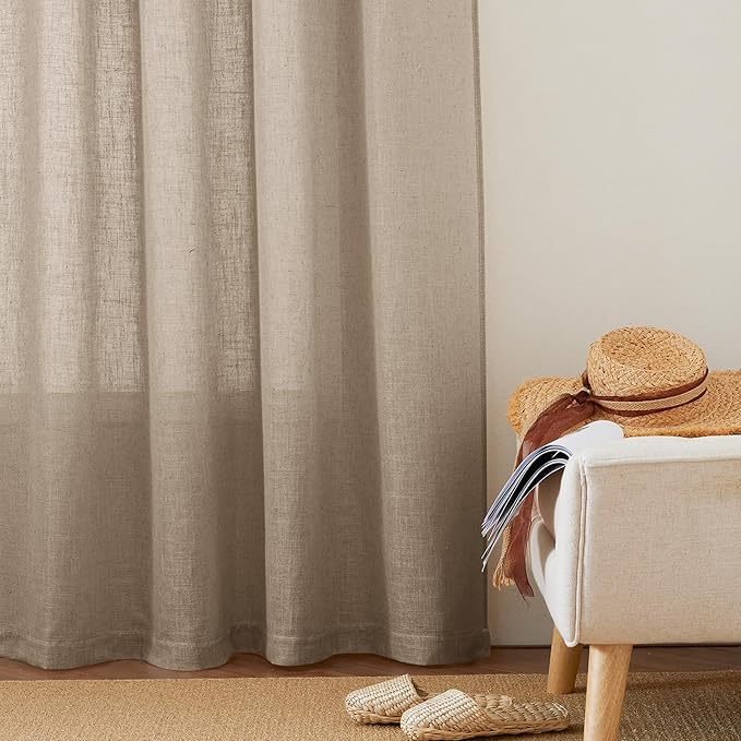 RYB HOME Khaki Linen Curtains 95 inches, Rod Pocket Linen Blend Boho Farmhosue Elegant Light Filtering Privacy Protected Panels for Dining Room, 52" W, 2 Panels