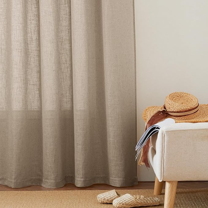RYB HOME Linen Sheer Curtains for Living Room, Boho Classic Linen Blend Elegant Light Filtering Privacy Protected Panels for Bedroom Gym Room, Khaki, 52" W x 108" L, 2 Panels