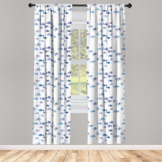 Ambesonne Animal Window Curtains, Little Fishes Watercolors Ocean Underwater Life Marine Theme Art, Lightweight Decor 2-Panel Set with Rod Pocket, Pair of - 28" x 63", Blue