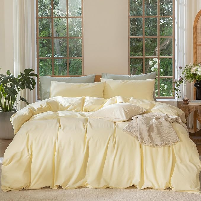 MooMee Bedding Duvet Cover Set 100% Washed Cotton Linen Like Textured Breathable Durable Soft Comfy (Heathered Butter Yellow, Super King 108"x98")