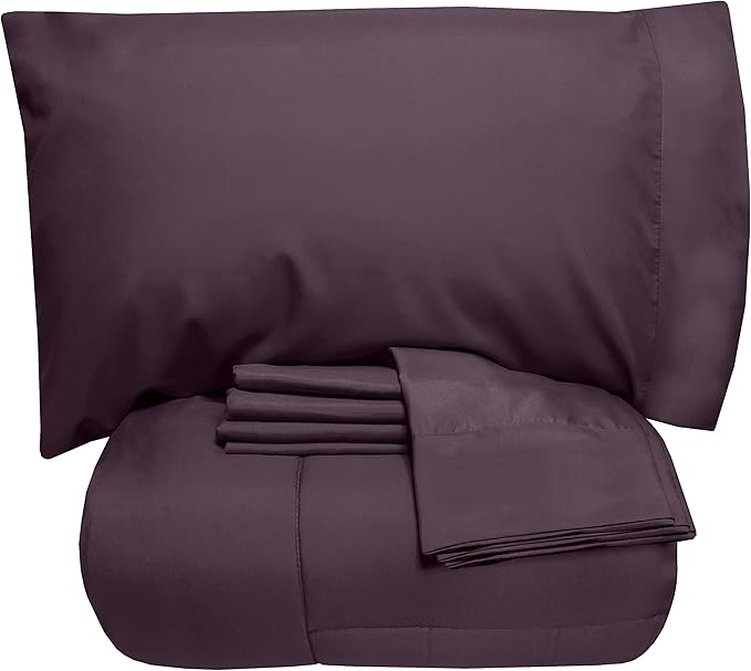 California King Comforter Set - Soft & Breathable 7-Piece Bedding Collection - 1 Comforter, 1 Fitted Sheet, 1 Flat, 4 Pillowcases - Deep Pocket - Premium Quality - Ideal for All Seasons, Purple