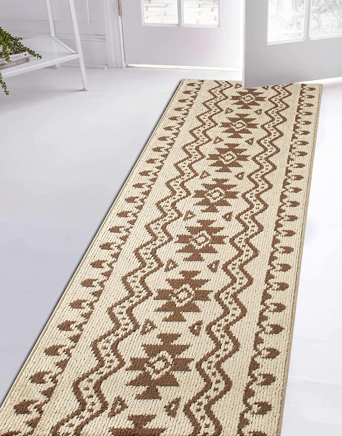 Custom Length Cut to Size Tribal Ethnic Southwestern Inspired Hallway Runner Rug, Non Slip Rubber Backed, 31 inch Wide X Customized Length, Aztec Beige, 31 inch X 16 feet