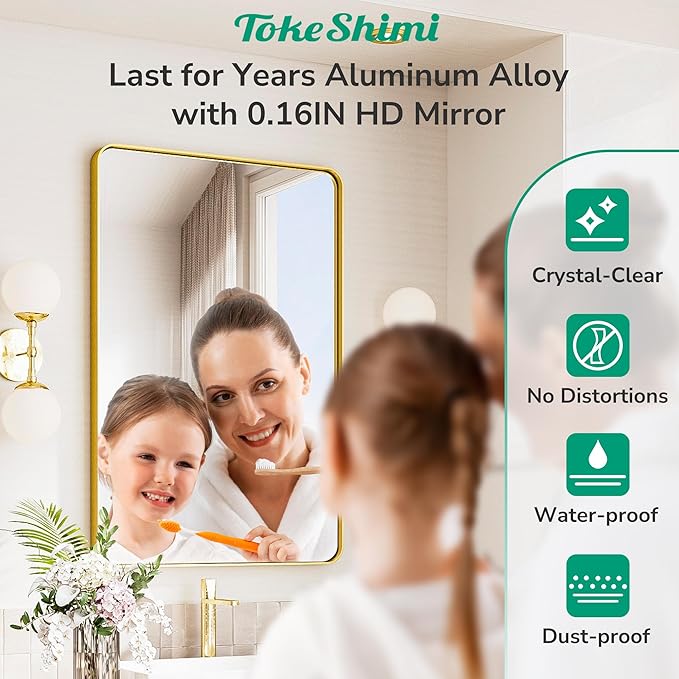 TokeShimi Brushed Gold Bathroom Mirror,40x30 Large Bathroom Mirror Rectangle,Aluminum Vanity Mirror Bathroom Wall with Tempered Glass,Modern Gold Mirror Framed(Horizontal/Vertical)