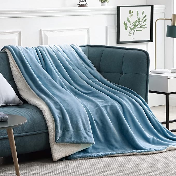 Walensee Sherpa Fleece Blanket (Throw Size 50”x60” Slate Blue) Plush Throw Fuzzy Super Soft Reversible Microfiber Flannel Blankets for Couch, Bed, Sofa Ultra Luxurious Warm and Cozy for All Seasons