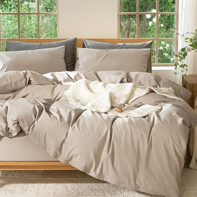 MooMee Bedding Duvet Cover Set 100% Washed Cotton Linen Like Textured Breathable Durable Soft Comfy (Heathered Taupe, King 104"x90")