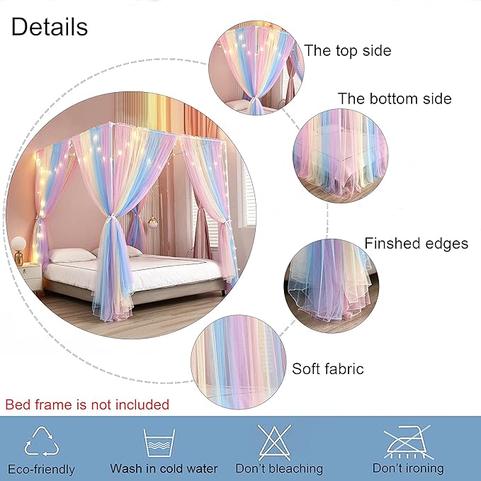 Akiky Canopy Bed Curtains with Lights 4 Corner Post Bed Canopy for Adults Girls, Rainbow Bed Drapes Netting-8 Panel Curtains,Twin