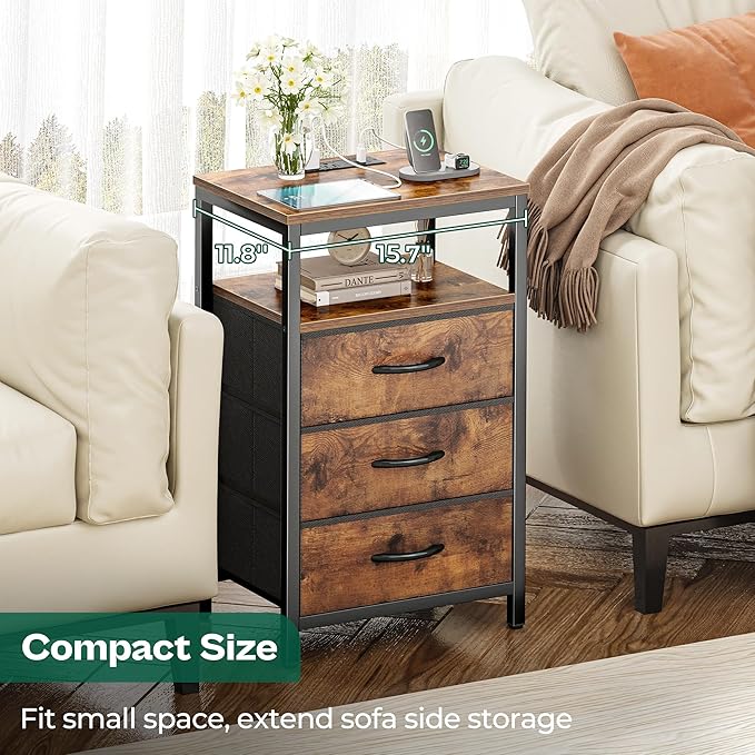 Huuger Nightstands Set of 2, 27.6 Inch End Tables with Charging Station, Fabric Drawers, Bedside Tables with USB Port and Outlet, Night Stands for Bedroom, Rustic Brown
