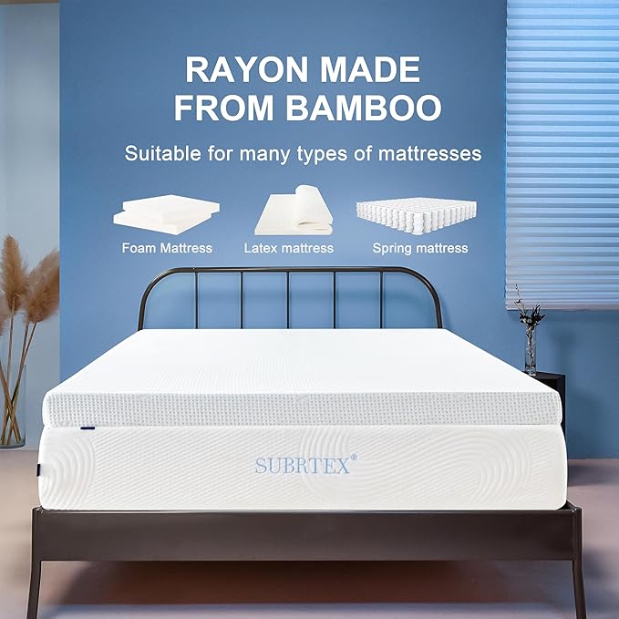 Subrtex 2 Inch Mattress Topper Cover (Only Cover) Mattress Topper Protector Bedding Rayon Made from Bamboo Removable Mattress Encasement with Zippers, Twin XL