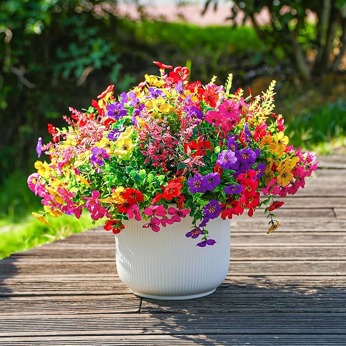 SHareconn 24 Bundles Artificial Flowers for Outdoors Decoration, Faux Plants Fake Silk Colorful Daisy Eucalyptus Lavender, UV Resistant for Outside Home Porch Patio Spring Decor, RedRosyPurpleYellow