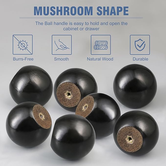 FoDau770 30pcs Black Wood Knobs, Round Ball Cabinet Knobs Vintage Drawer Pulls, Natural Wooden Cabinet Hardware for Furniture Drawer Dresser Wardrobe Cupboard - 1-1/2" Diameter