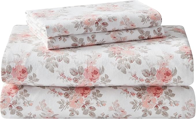 Laura Ashley - Flannel Sheets Queen Size, Anti-Pilling & Wrinkle Resistant Cotton, Touchably Soft for All-Season Comfort - Bed Sheets with Matching Pillowcases & Fitted Sheet (Lisalee Pink)