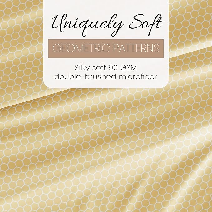 Linen Market Double-Brushed Patterned Microfiber Queen Sheet Set 4 Piece – Oeko-TEX Certified Ultra Soft & Wrinkle-Free - 16" Deep Pocket Sheets - Easy Care Queen Size - Honeycomb Yellow